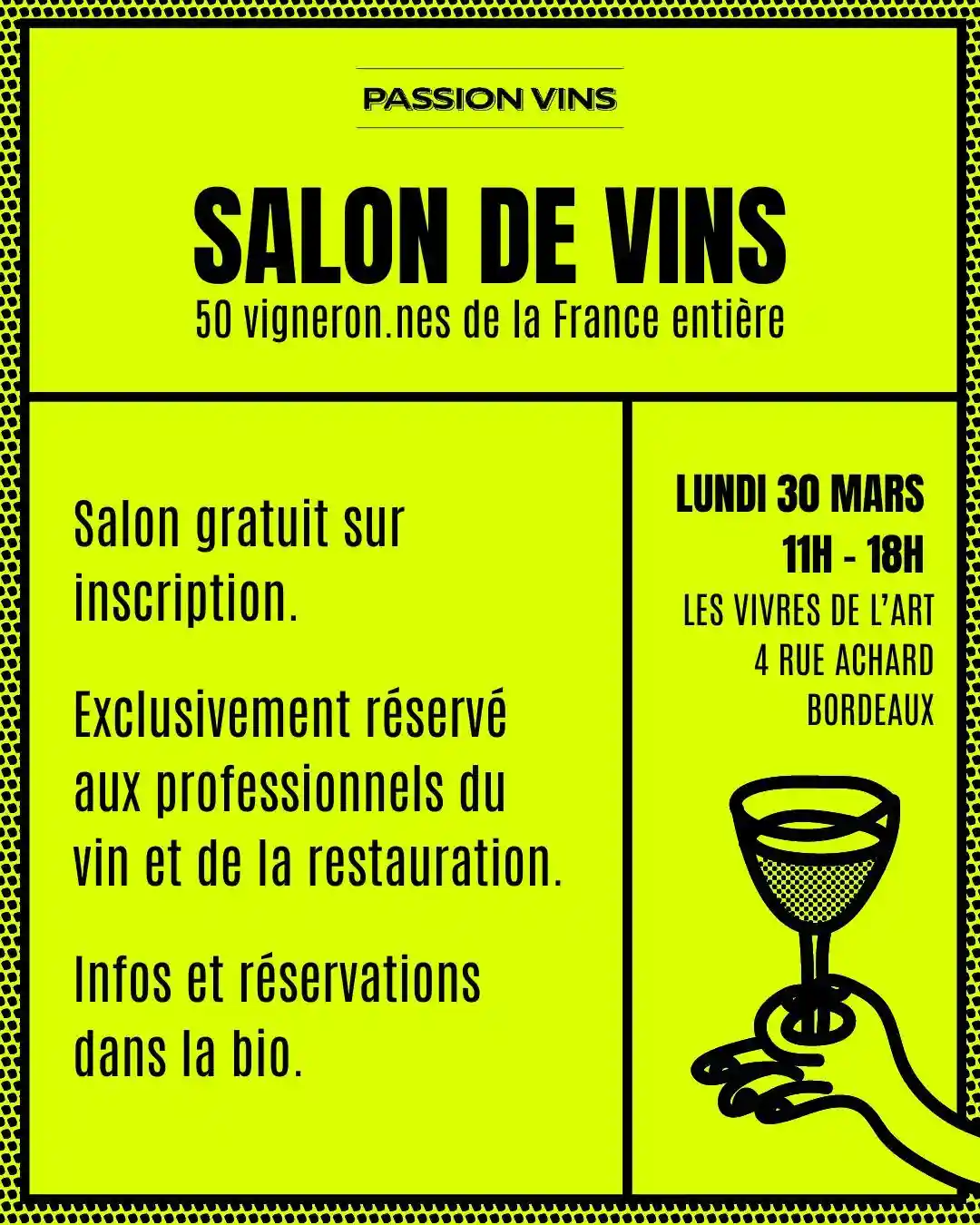 Affiche Salon Passion Vins - 30 mars aux Vivres de l'Art